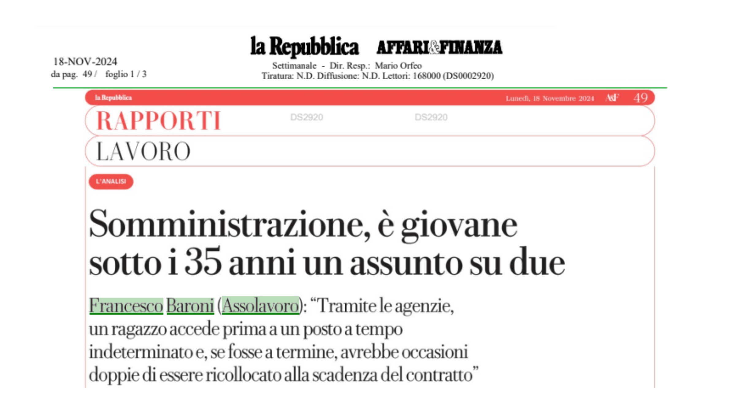 LA REPUBBLICA AFFARI&FINANZA: SPECIALE SULLA SOMMINISTRAZIONE E SULLE AGENZIE